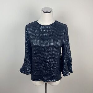 Trouve Black Sequin Bell Sleeve Blouse Top Women Size XS Extra Small Glam